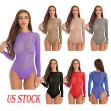 US Women’s Glossy Sheer Leotard Tops Long Sleeve Round Neck Bodysuits Underwear