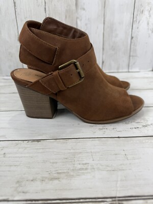Time And Tru Women's Brown Faux Suede Memory Foam Open Toe Ankle Boots Sz 6.5