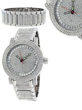 NEW BLING MASTER SILVER S/STEEL SET PAVE CRYSTALS COVERED DIAL WATCH+BRACELET