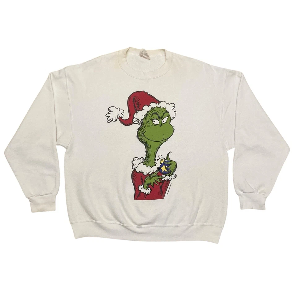 Sudadera De Colección The Grinch Dr. Seuss Navidad Años 90 1995 Blanca XL Hecha en EE. UU. Foto 3 de 4