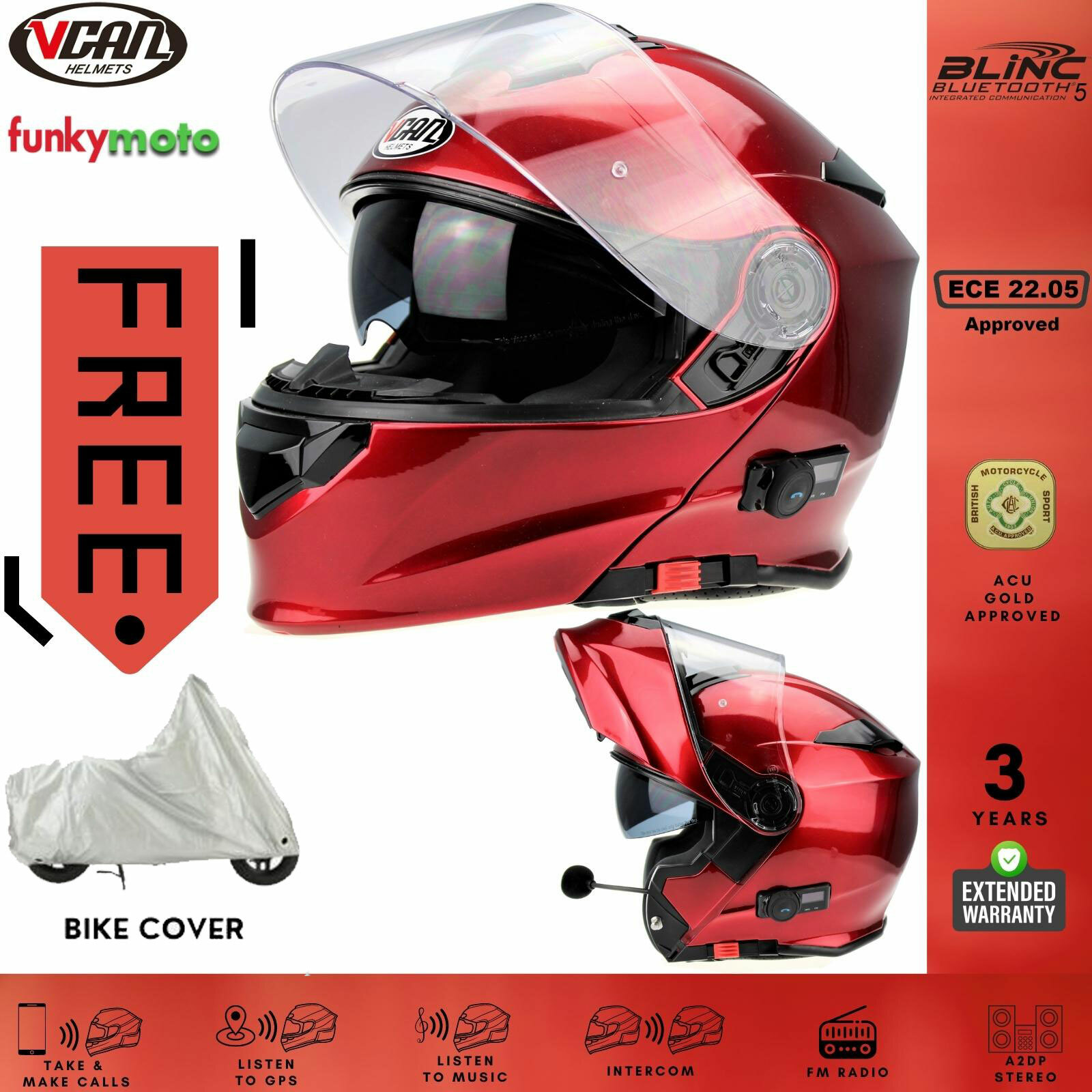 Vcan-V271-BLINC 3 BLUETOOTH INTERFONO Flip Up Casco Moto. BORDEAUX SHARP 4  * | eBay