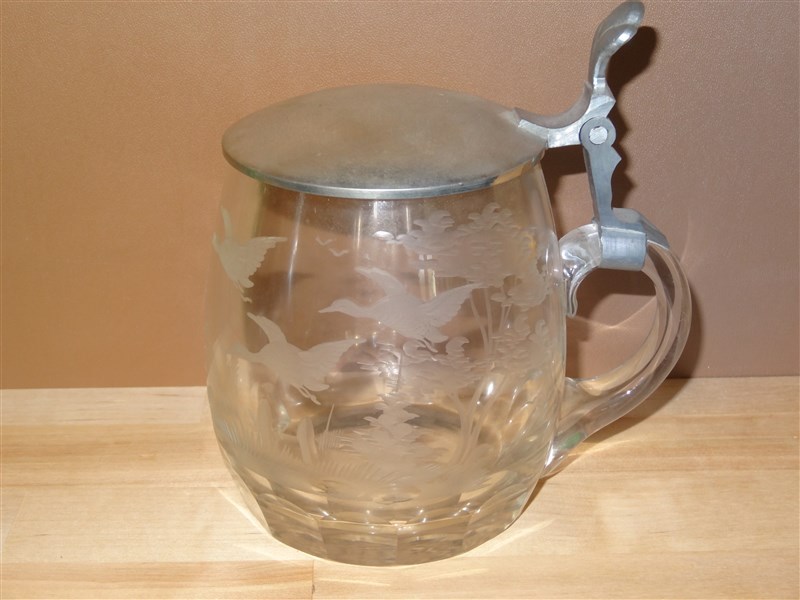 Vintage ERZ 4 1/2" Lidded Cut Glass West German Beer Stein With Geese