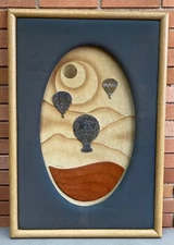 Vintage 70s Mixed Media Fiber Art Metal Modern Wall Hanging Art Hot Air Balloons