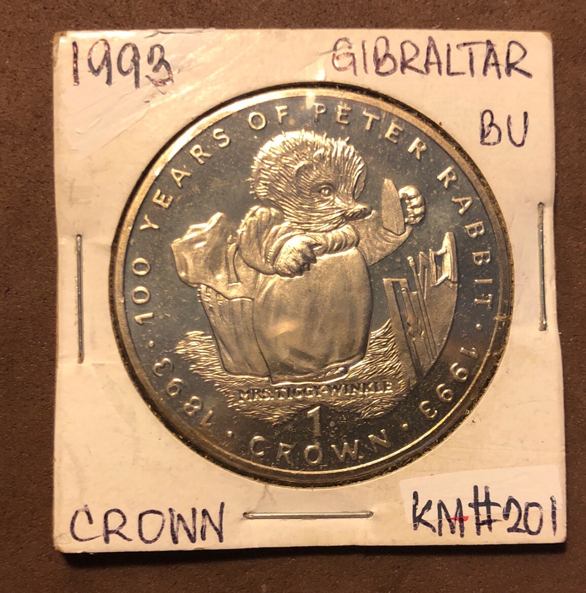 1993 GIBRALTAR 1 CROWN COIN- 100 YEARS OF PETER RABBIT Mrs. Tiggy