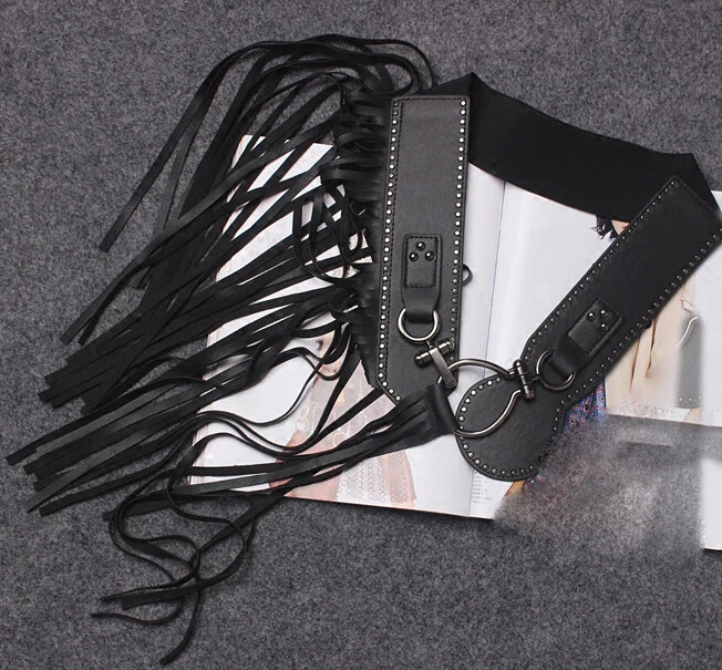 Saia de couro sintético preta feminina cinto cintura franja longa borla festa extravagante - Imagem 3 de 4