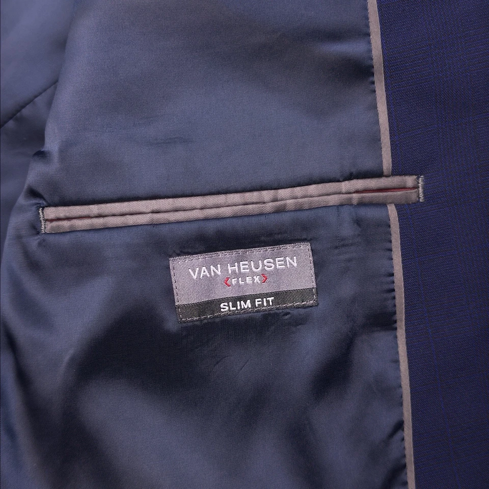 Van Heusen Flex Slim Fit Sport Coat 44R Blue Plaid Stretch - Image 4 of 4