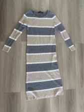 Women Size M Grey Tan Block Striped Long Sleeve Ribbed Knit Maxi Sweater Dress