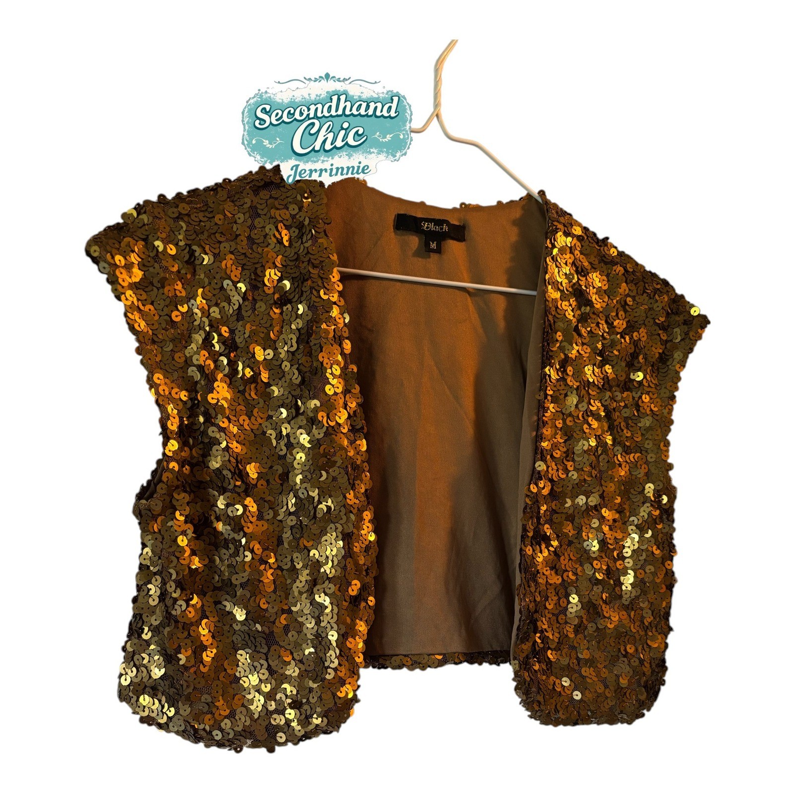 Black Gold Sequin Vest Womens Medium Open Front Cropped Bolero Shrug