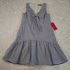 Lauren Ralph Lauren Blue Cream Striped Tie Front Tiered Dress Size 16 NWT