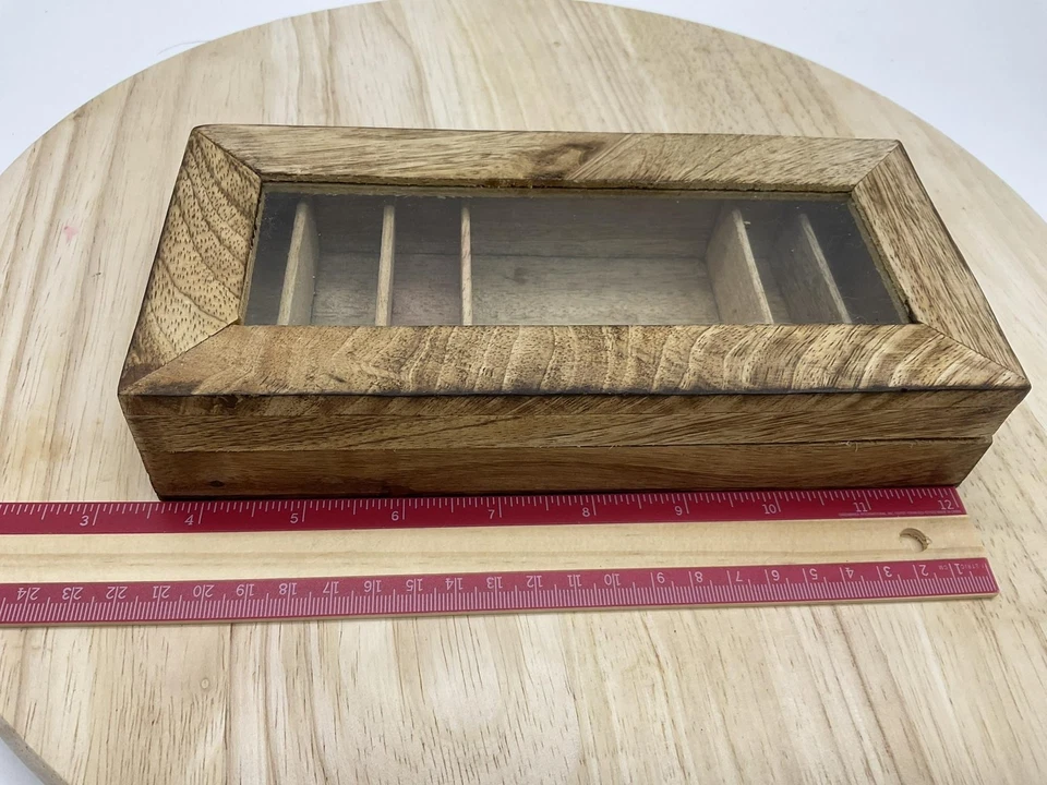 Wooden Tea Bag Organizer Box with Glass Lid Rustic Multi-Compartment Storage - Image 2 of 4
