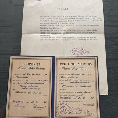 Old teaching letter Masons of the guild of the building trades Wuppertal from 1948