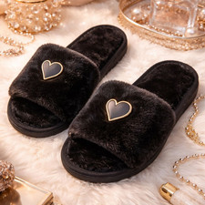 Heart Plush Slippers for Women   Black, Soft Indoor Slides, Giftable, All-Season