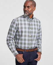 Club Room Men Fellow Plaid Dress Shirt Grey Heather Olive 16.5 34/35