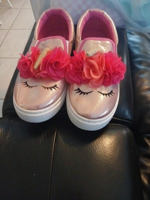 Youth Kids Sparkly Shimmery Pink Unicorn Shoe With Flowers