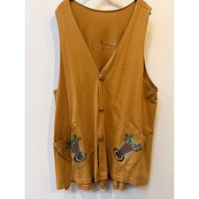 Blue Fish Womens Vest Mustard Hand Painted Organic Cotton Size L Made USA Artsy