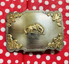 Vintage Rodeo Belt Buckle Bronco Cowboy Western Scroll Nickel Silver