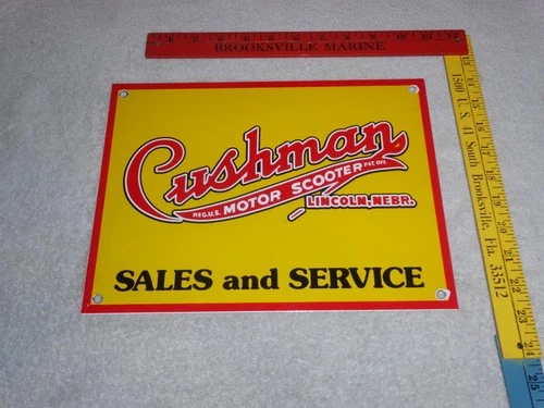 VINTAGE CUSHMAN MOTOR SCOOTER SALES SERVICE 1' PORCELAIN METAL GASOLINE OIL SIGN