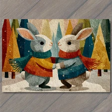 Art Print Winter Rabbits Forest Snow Cozy Scarves Woodland Christmas Charm