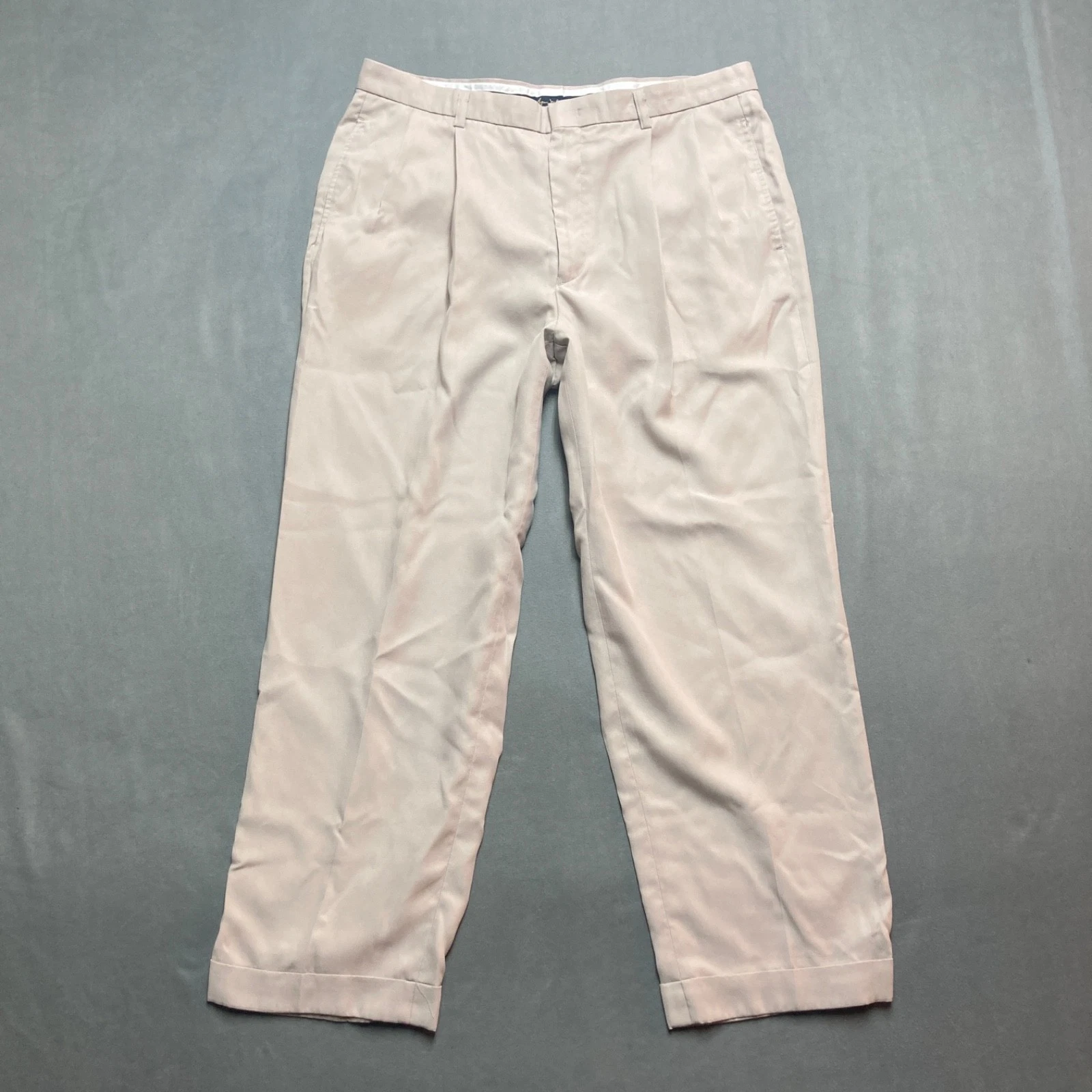 VTG Byron Nelson Pants Mens 38x29 Beige Pleated Cuffed Loose Relaxed Lightweight