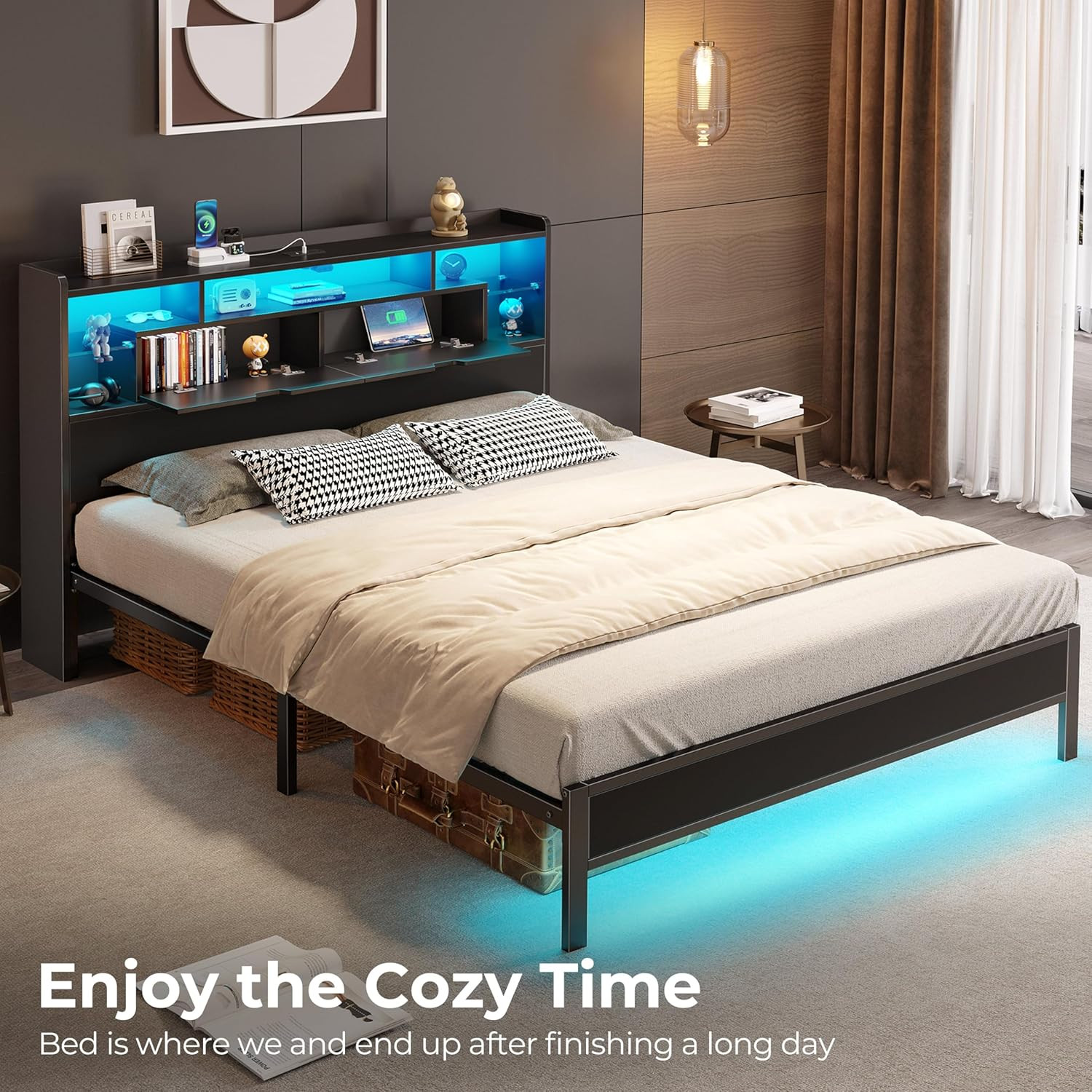 Queen Bed Frame with Headboard, LED Bed with Bookcase Storage and Charging Stati