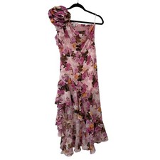 Grace Karin Pink Floral One Shoulder Rosette Ruffle Midi Dress Womens 6 Event
