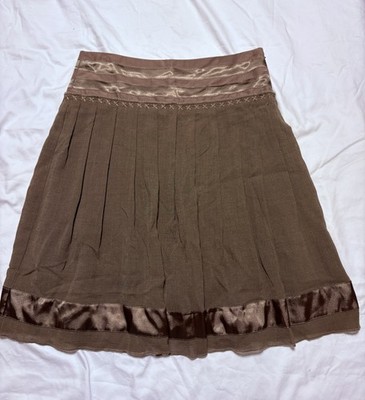 Designer Vintage 2002 Stefanel Brown Satin Trim Y2K Pleated Midi Skirt Size 6
