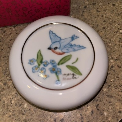 Vtg Marga Haube Signed Hand Painted Porcelain Bluebird Paperweight W/ Box