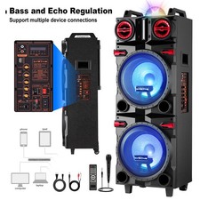 80W Peak Dual 10'' Bluetooth Subwoofer Speaker Party Karaoke LED Mic FM USB New