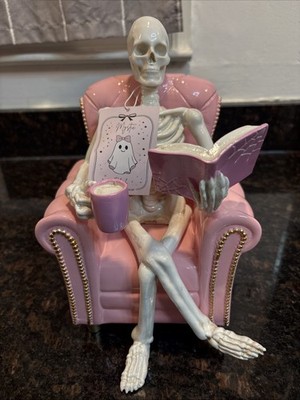 Mystic Pink Skeleton in Armchair Figurine Reading Book Spooky Cute Decor NWT