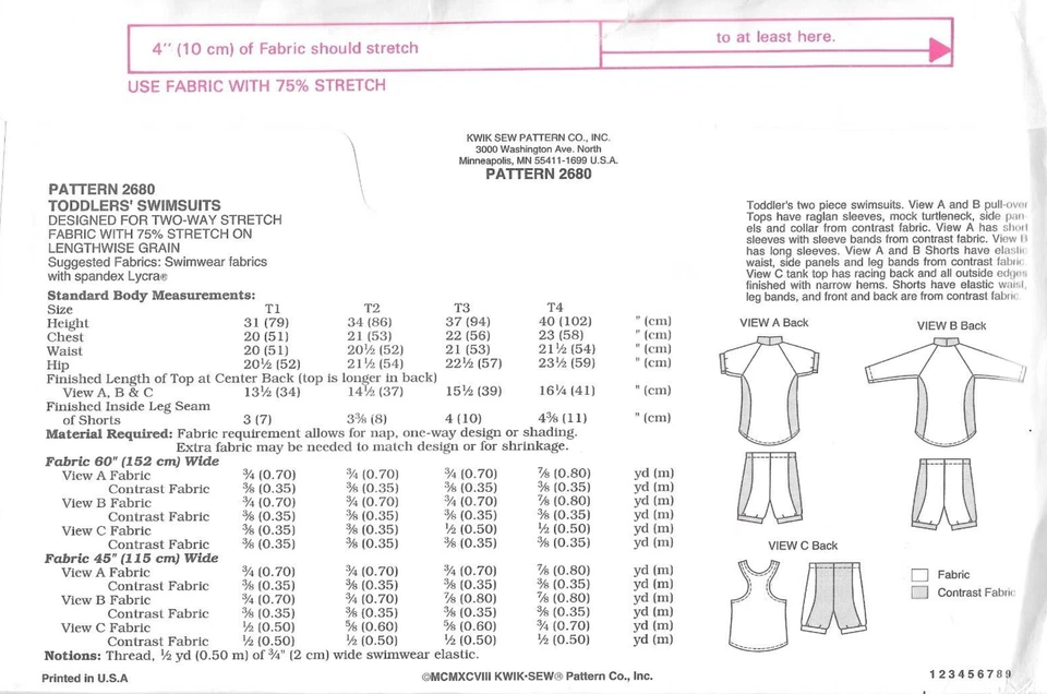 Vintage Uncut Kwik Sew Sewing Pattern # 2680 Toddlers Swimsuits Size T1-T2-T3-T4 - Image 2 of 2