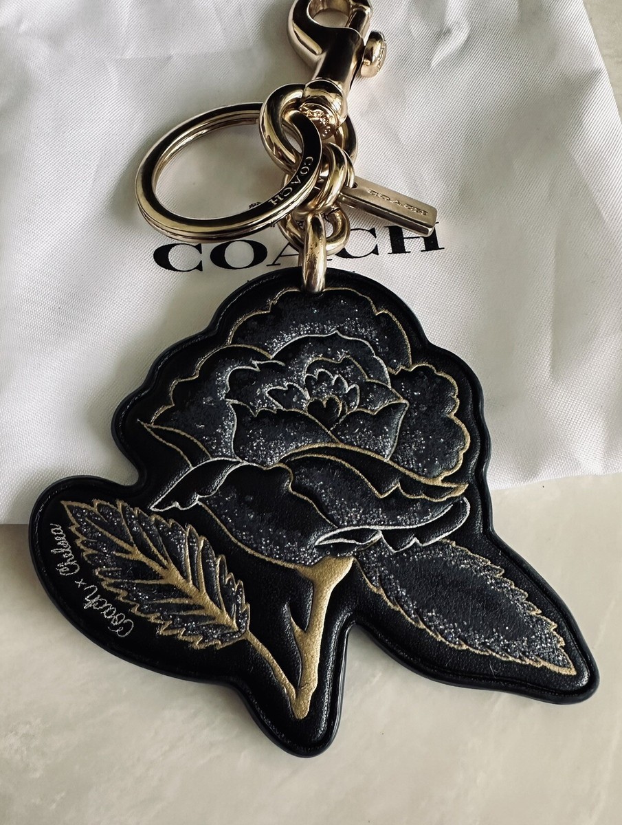 NWT COACH CHELSEA CHAMPLAIN TATTOO BLACK ROSE BAG CHARM GOLD 75521