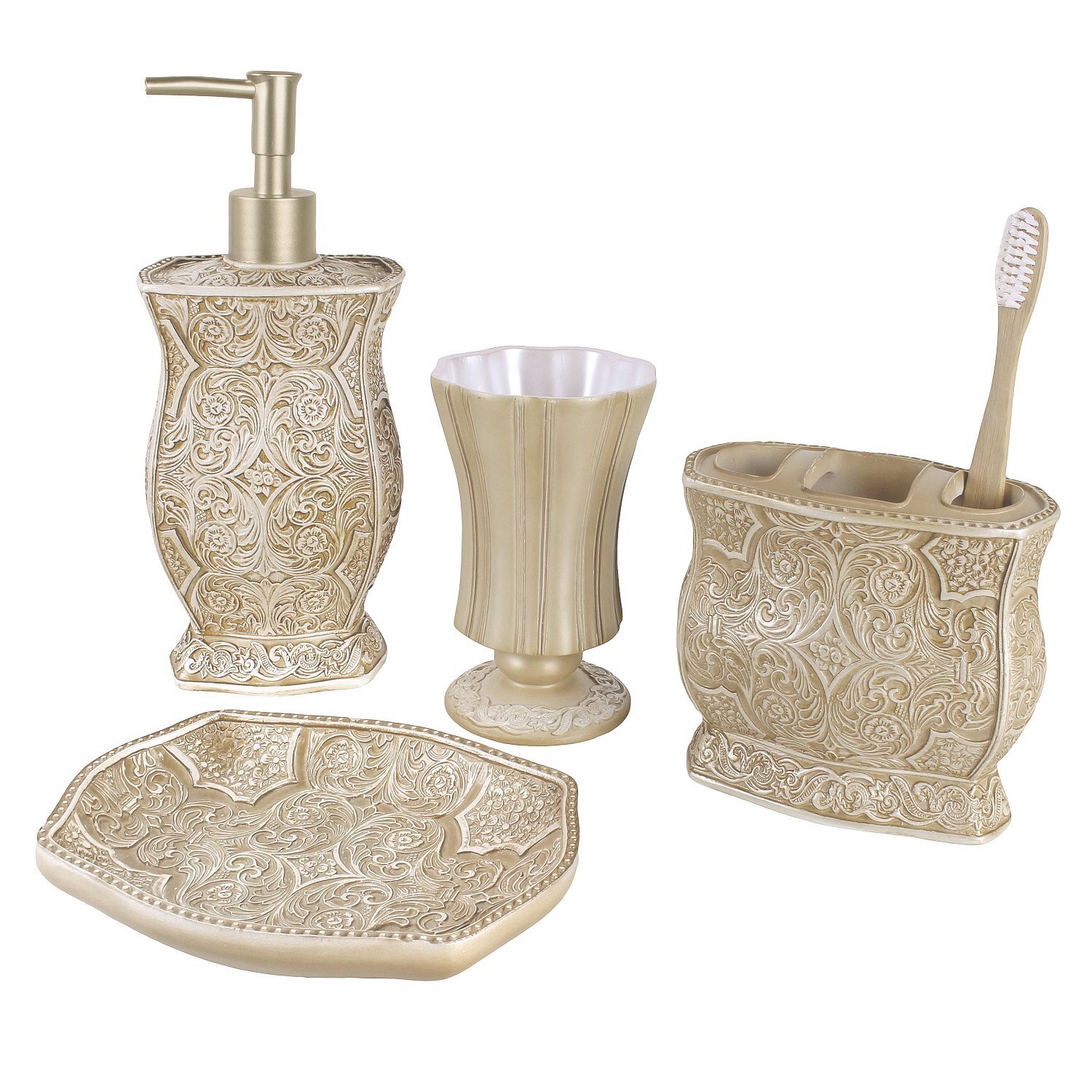 Beige Bathroom Accessories Set - Decorative Bathroom Accessory Set - 4 Piece ...