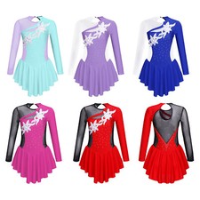 Kids Girls Shiny Rhinestone Leotard Dress Figure Ice Skating Dress Costume