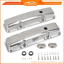Polished Aluminum Short Finned Valve Covers For 58-86 Sbc Small Block Chevy 350