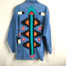 Vintage Denim Jacket Womens  Large Indian Tribal Art To Wear Southwestern Ranch