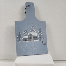 Hand Painted Wooden Decorative Bread Cutting Board Blue With House In The Snow