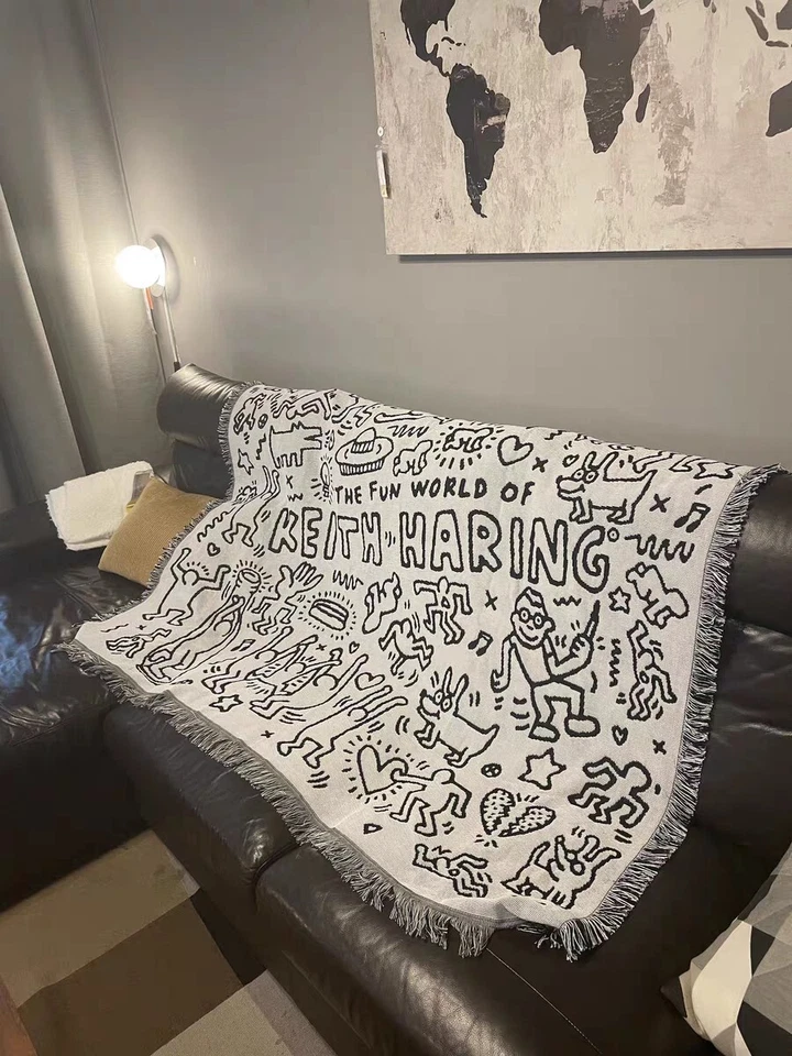 Keith Harring Graffiti Black and White Woven Tapestry Blanket Throws LGBTQ Decor - Image 4 of 4