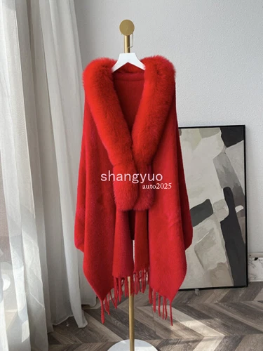 OFF WHITE Scialle donna cashmere con collo vera pelliccia di volpe mantello pelliccia calda cappotto poncho mantello