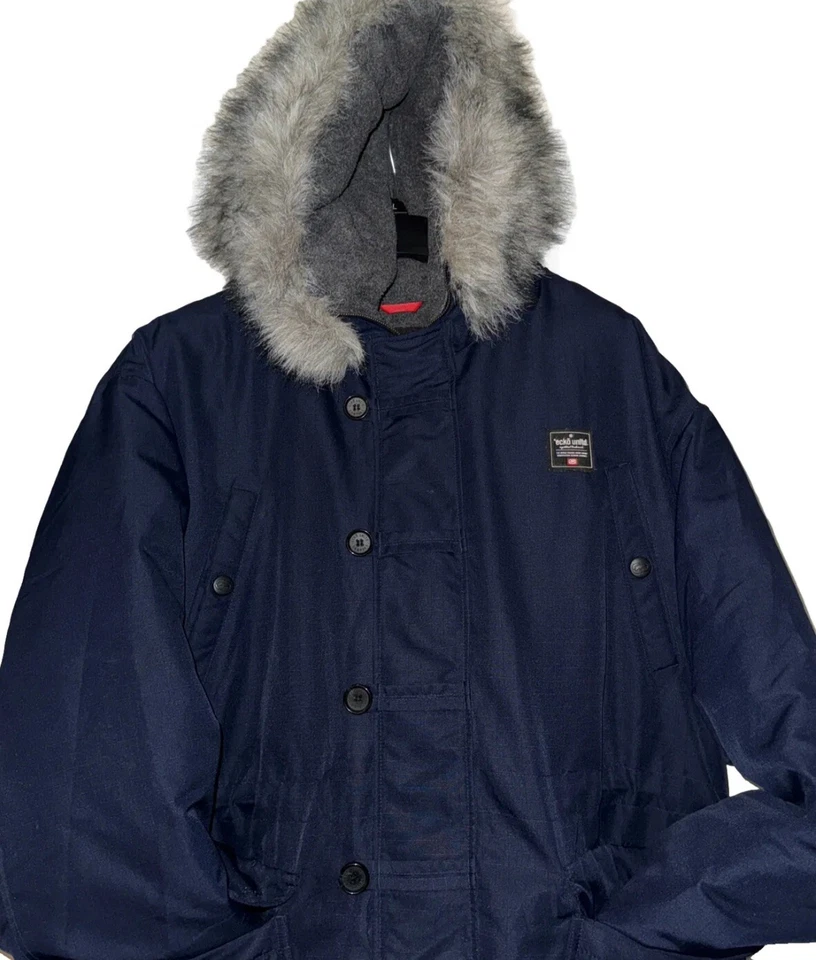 ECHO UNLTD. para hombre Abrigo Parka Cálido Forrado Abrigo con Capucha Talla Grande Azul Marino Vintage Foto 2 de 4