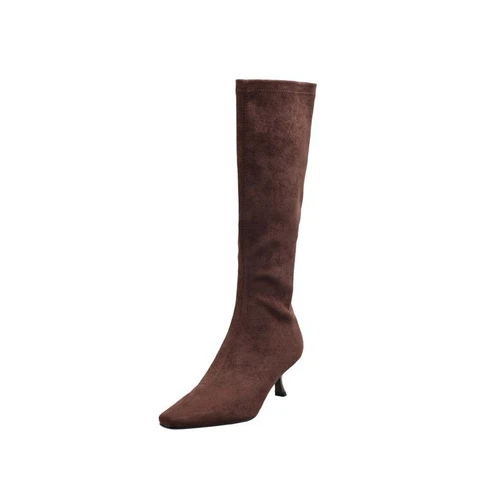 Womens Suede Square Toe Kitten Heel Stretched Knee Length Boots Chic Shoes - Bild 15 von 17