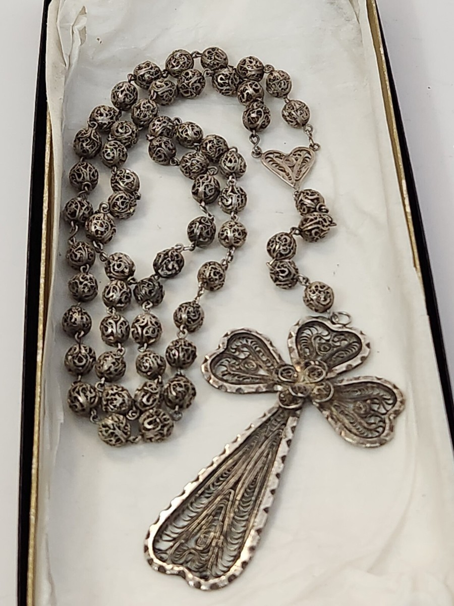 Filigree 1920s 30s Sterling Cross Rosary Prayer Beads 800 coin