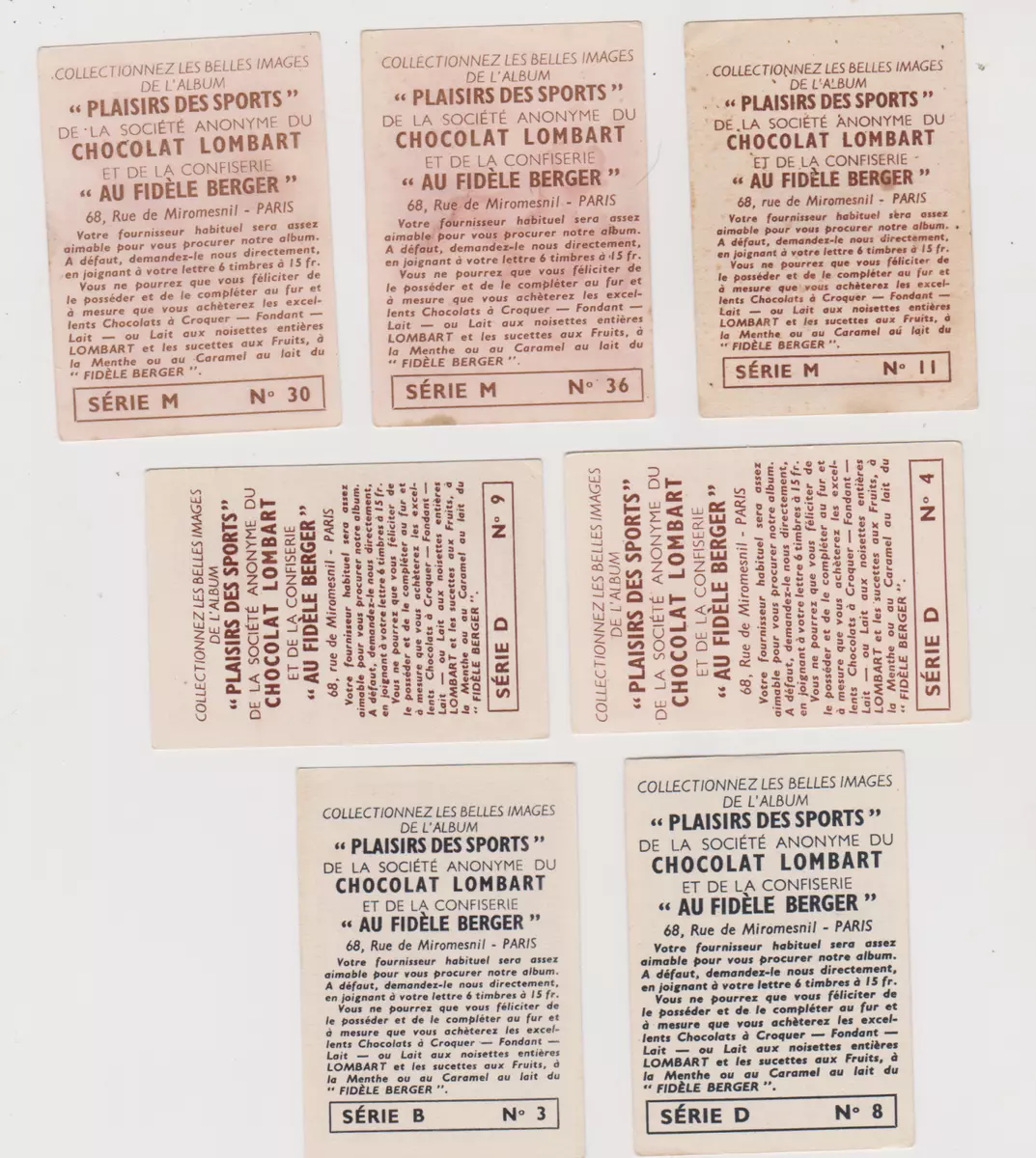 7 Assorted 1950's Lombart Chocolat Plaisirs Des Sports Cards