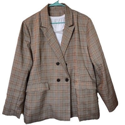 Woman s  Double Breasted Brown Plaid Blazer Jacket Size 2XL 50x31 Minimalist