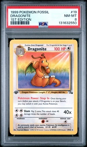 1999 POKEMON FOSSIL 1ST EDITION #19 DRAGONITE PSA 8
