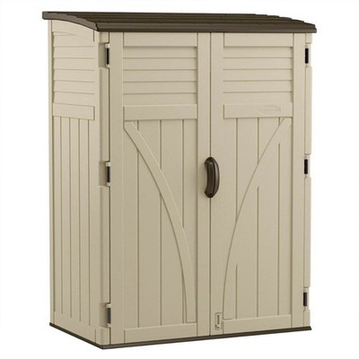 Suncast Large Vertical Shed for Storing Oudoor Gear, Tools, and Equipment, Sand