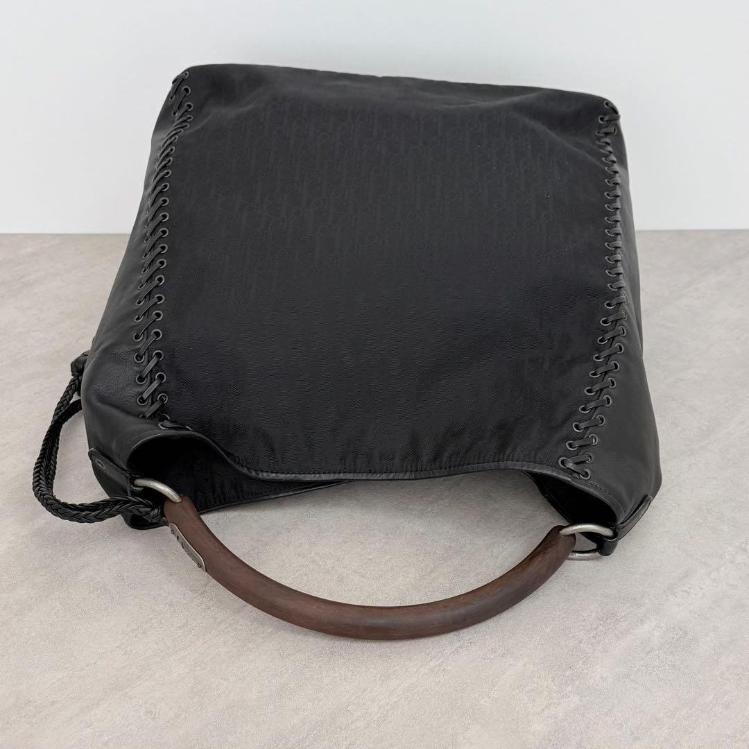 Christian Dior John Galliano Ethnic Trotter Wood Handle Hobo Bag Black Y2K image 8