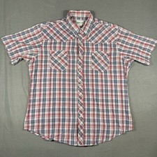 Wrangler Wrancher Western Shirt Mens XL Red Blue Plaid Pearl Snap Short Sleeve