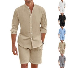 Men's suit linen button up shirt long sleeved shorts casual beach set