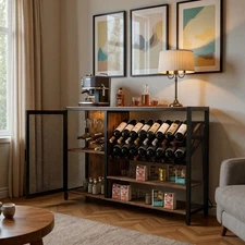 Wine Cabinet Wood Liquor Cabinet w/Power Outlet, Light Strip Kitchen Dining Room