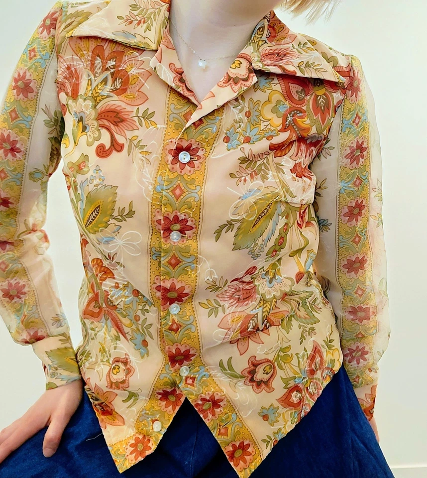 60s VTG Woodstock Penny Lane Blouse Button Up Sm Hippie Top Peach Pink Shirt - Image 2 of 4